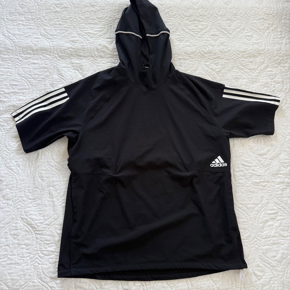 Adidas Short Sleeve Hoodie Black Training Sports Pullover GL4800 Mens Small EUC